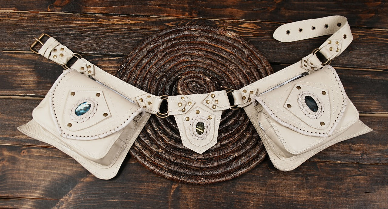 Adjustable black leather utility belt with gemstone and rustic finish