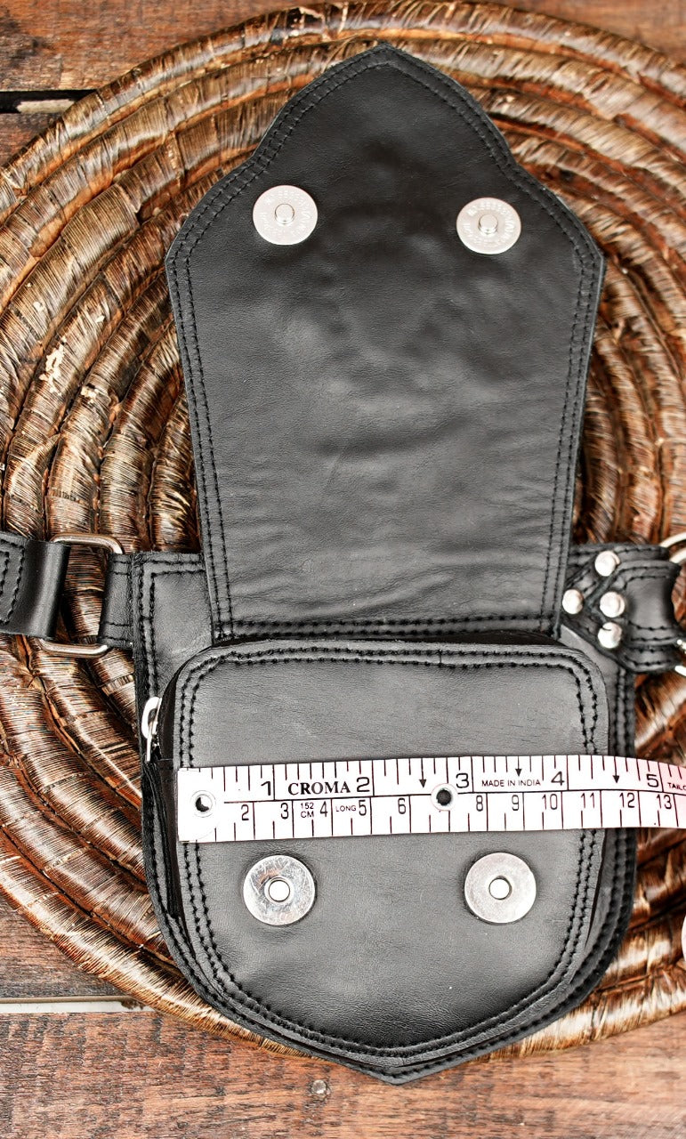 Black Leather Waist Belt Bag with Hand-Braided Gemstone Design