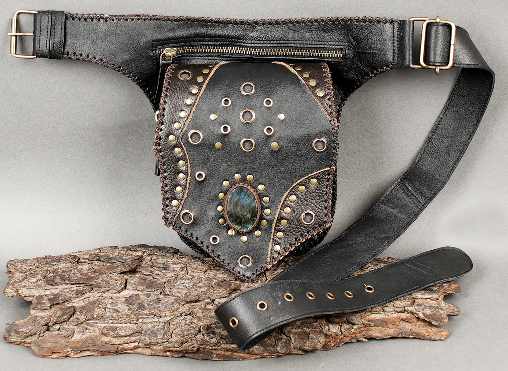Leather utility waist belt with gemstone detail and brass hardware