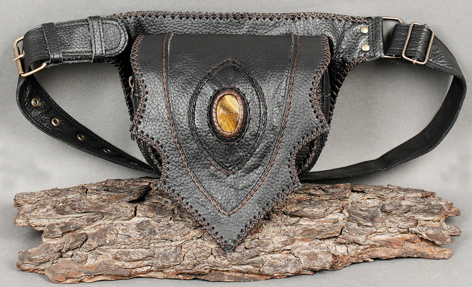 Handmade leather hip belt with gemstone and textured detailing