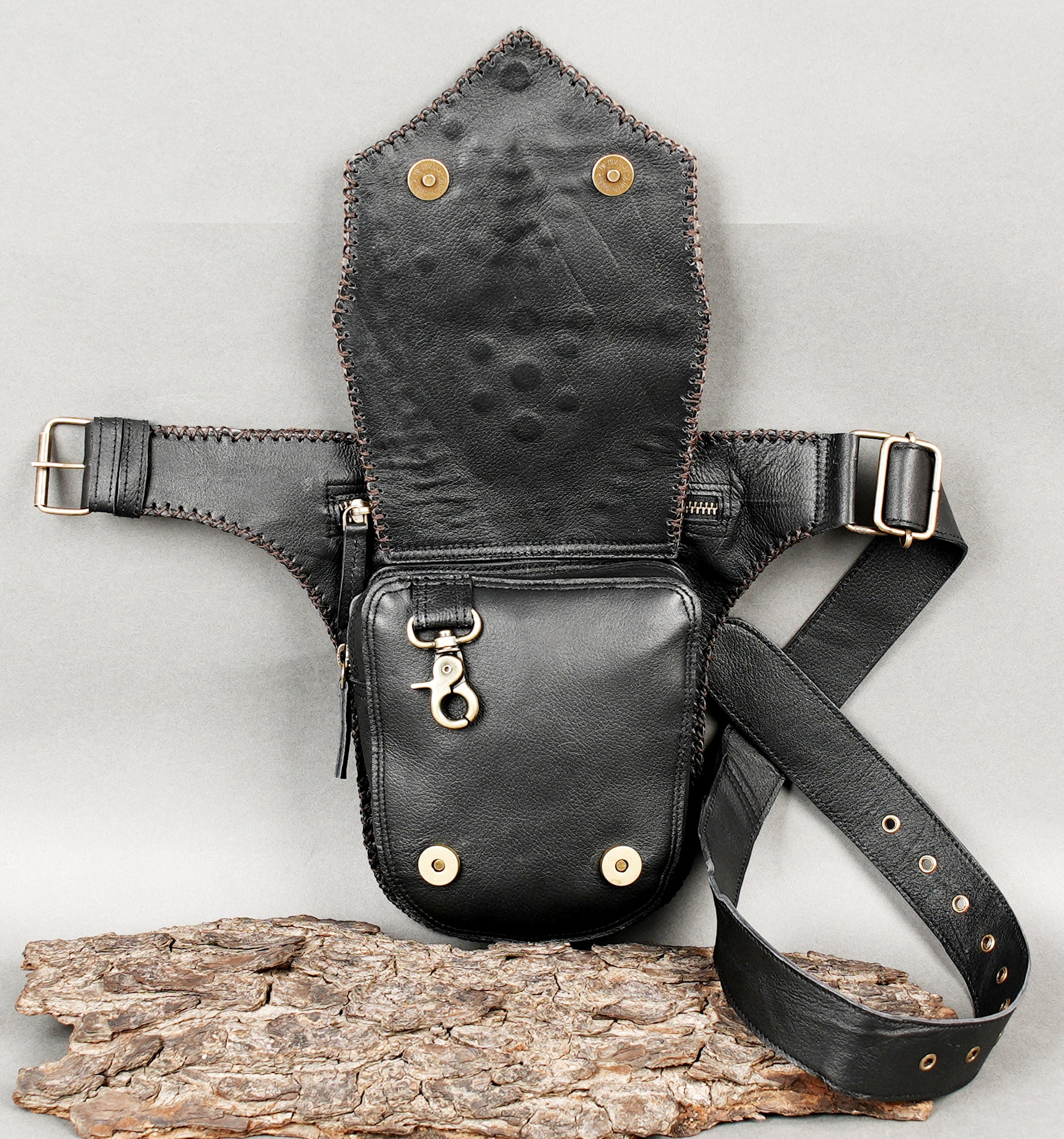 Handmade leather hip belt with front pocket and gemstone inlay