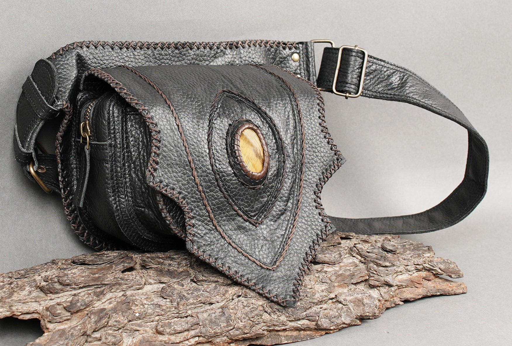 Boho gothic leather waist pouch with gemstone centerpiece