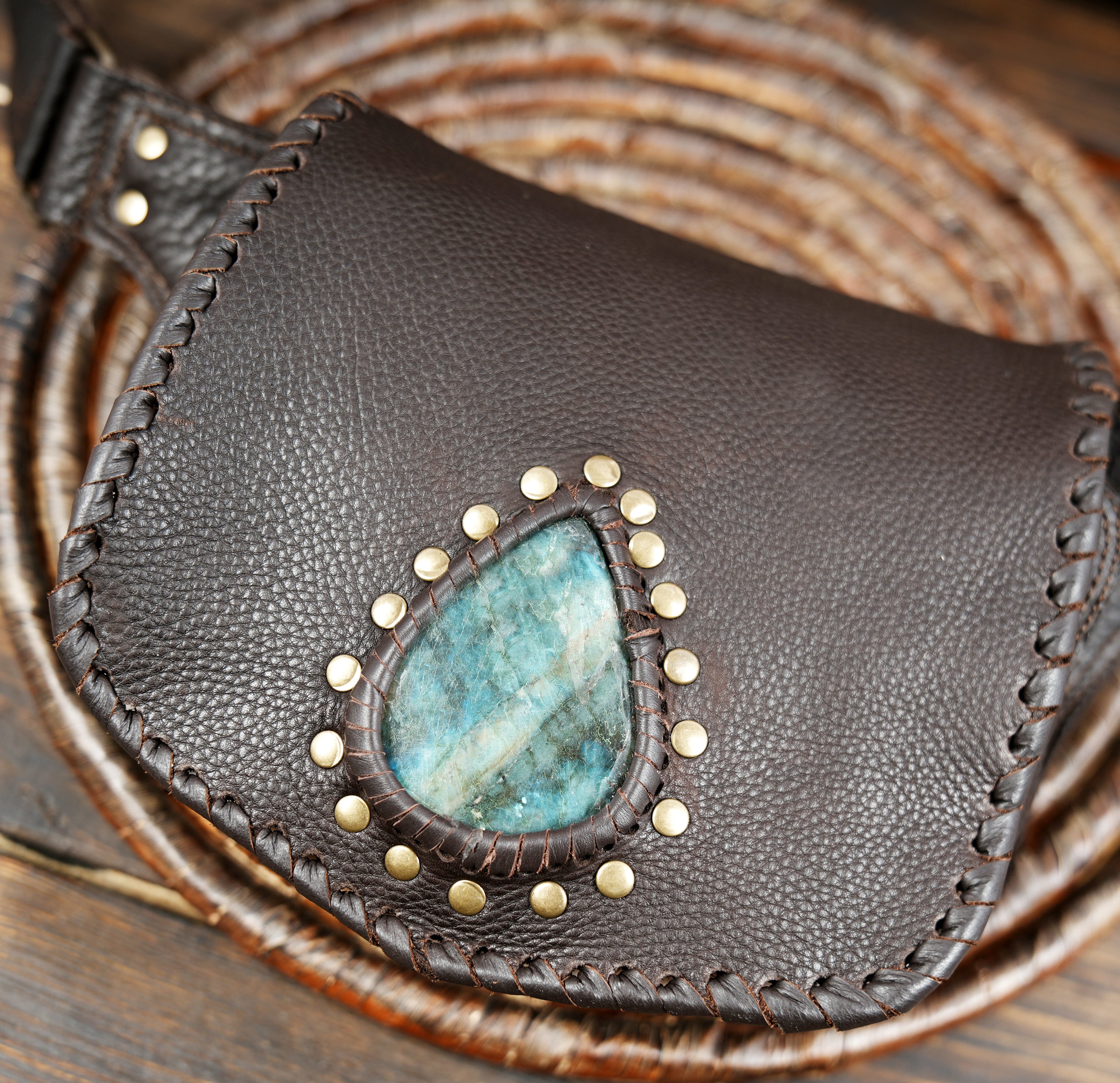 Handmade Leather Belt Bag: Gemstone Accent, Festival Fanny Pack metal steel 