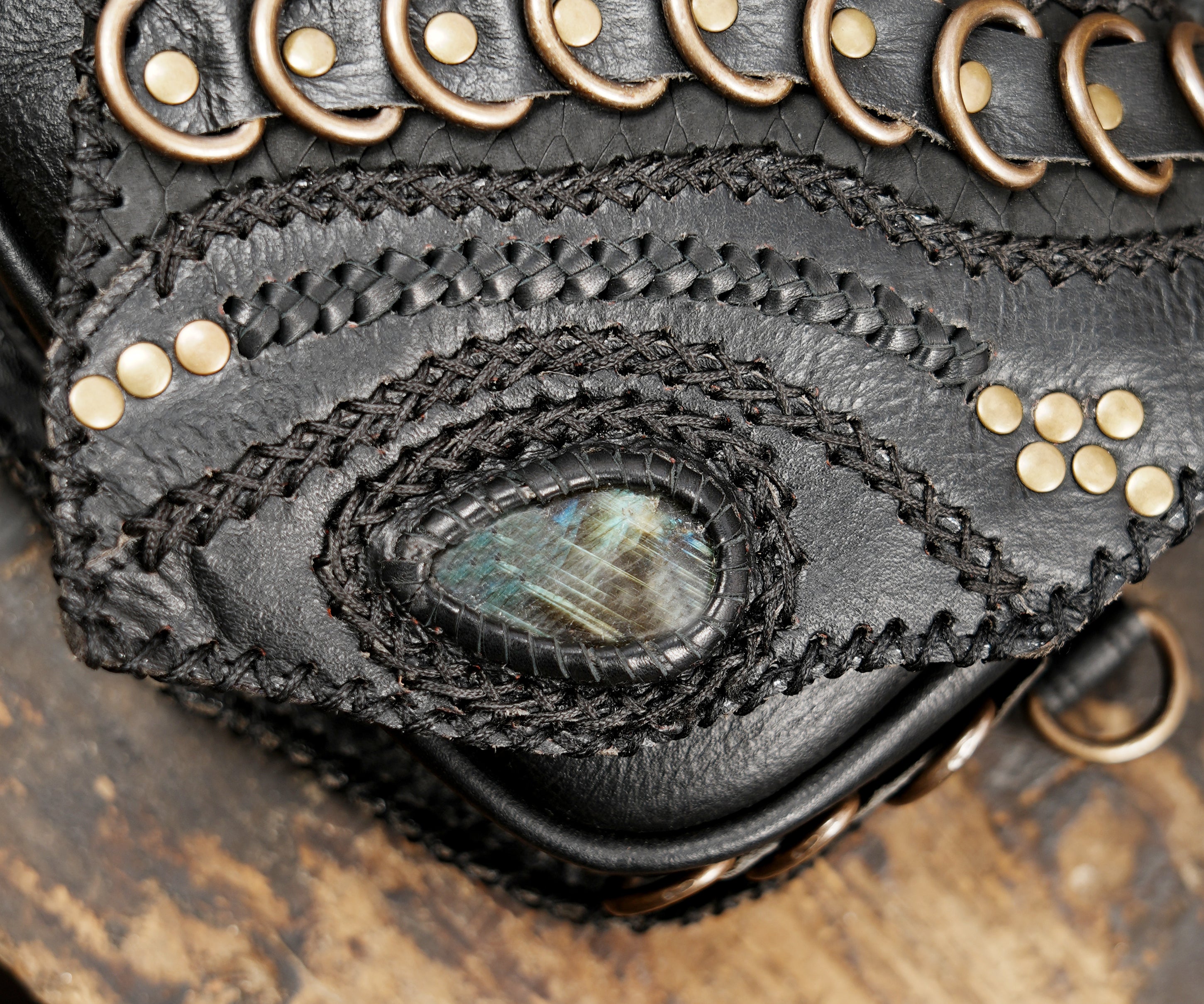 Gothic style leather chest ring with metal ring design