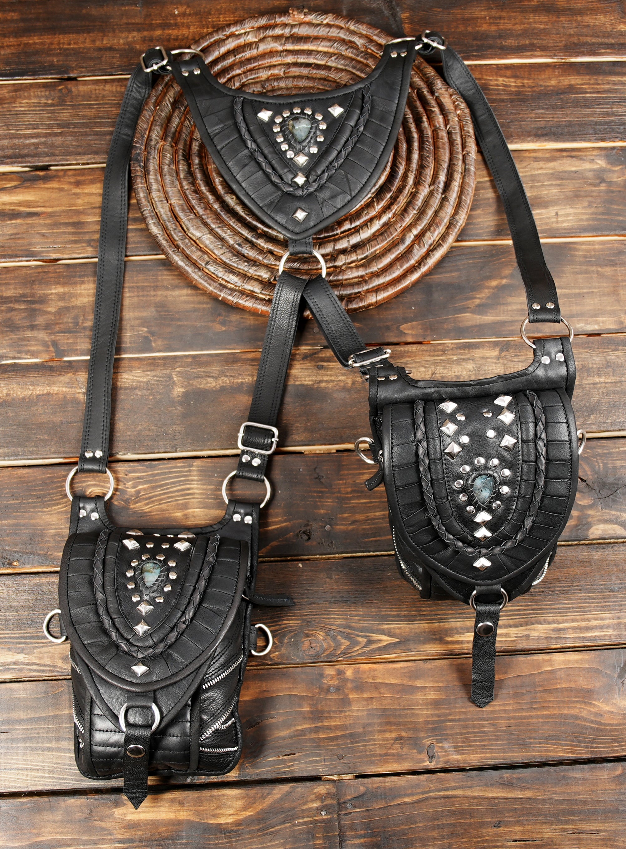 “Handmade Leather Holster Belt with Dual Utility Pouches ||Boho-Steampunk Leather Holster with Layered Stitching and Studs  (LT-NS-HLS-6004)
