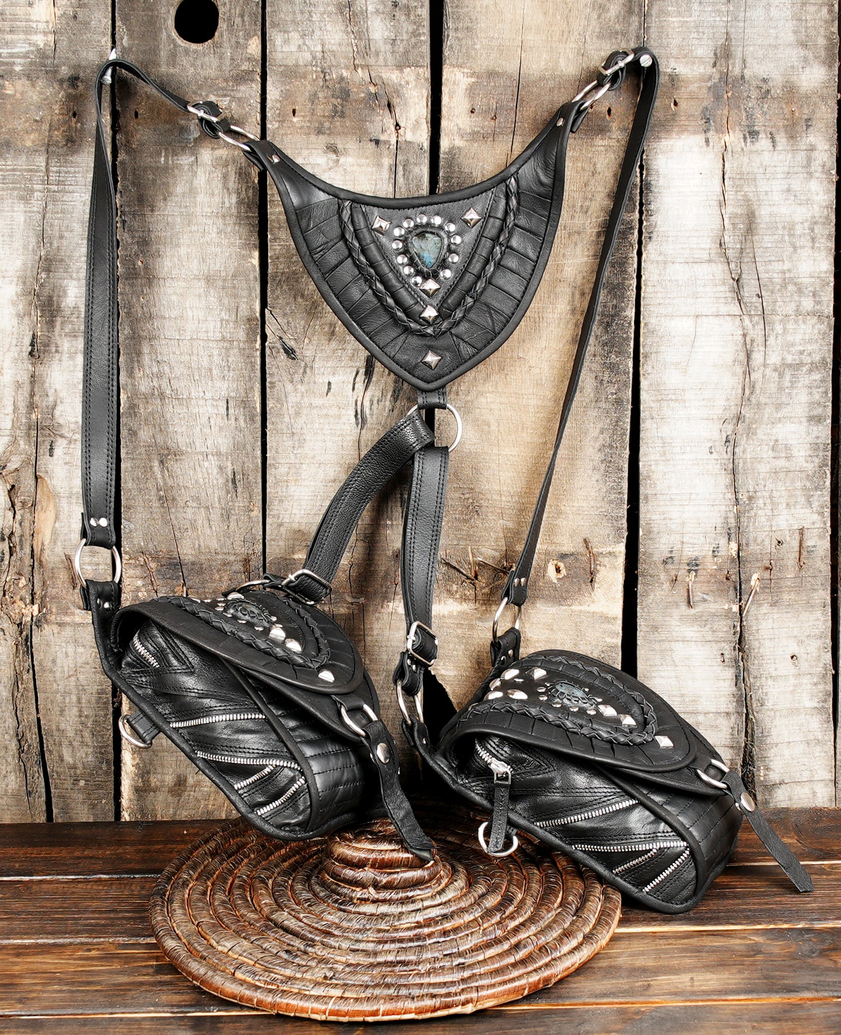 “Handmade Leather Holster Belt with Dual Utility Pouches ||Boho-Steampunk Leather Holster with Layered Stitching and Studs  (LT-NS-HLS-6004)