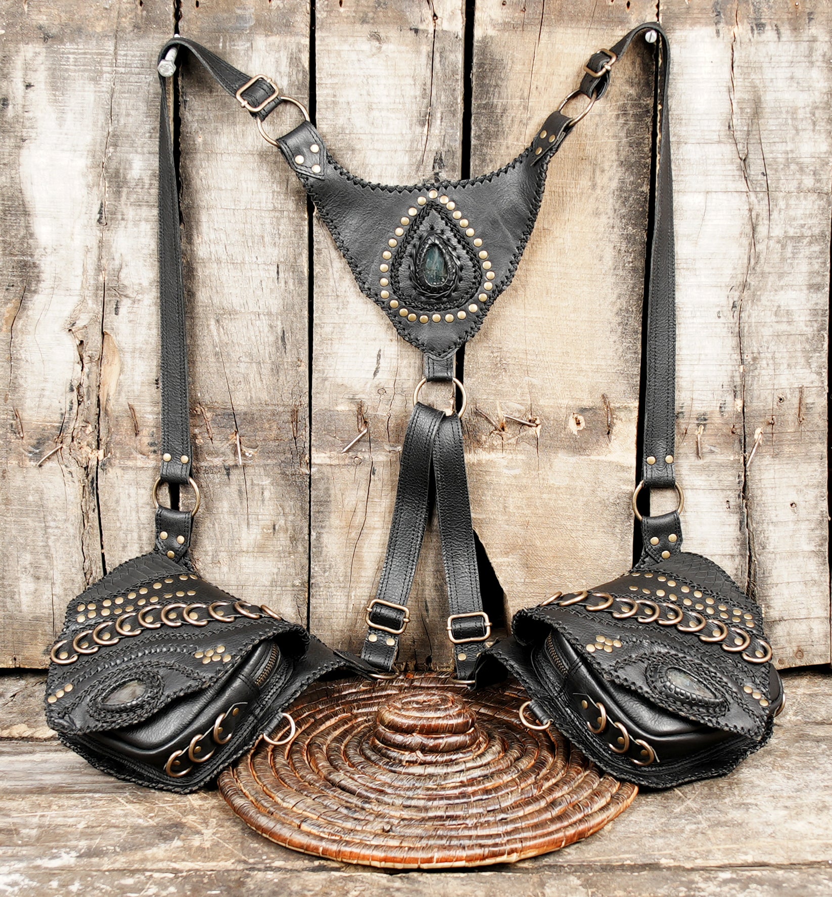 Black leather festival holster with rugged hardware