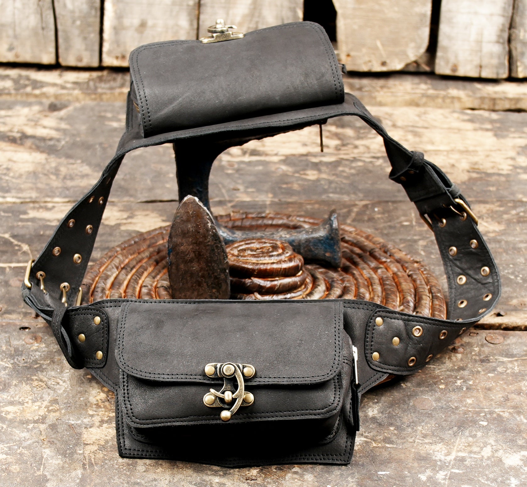 Steampunk leather waist belt with storage pouches