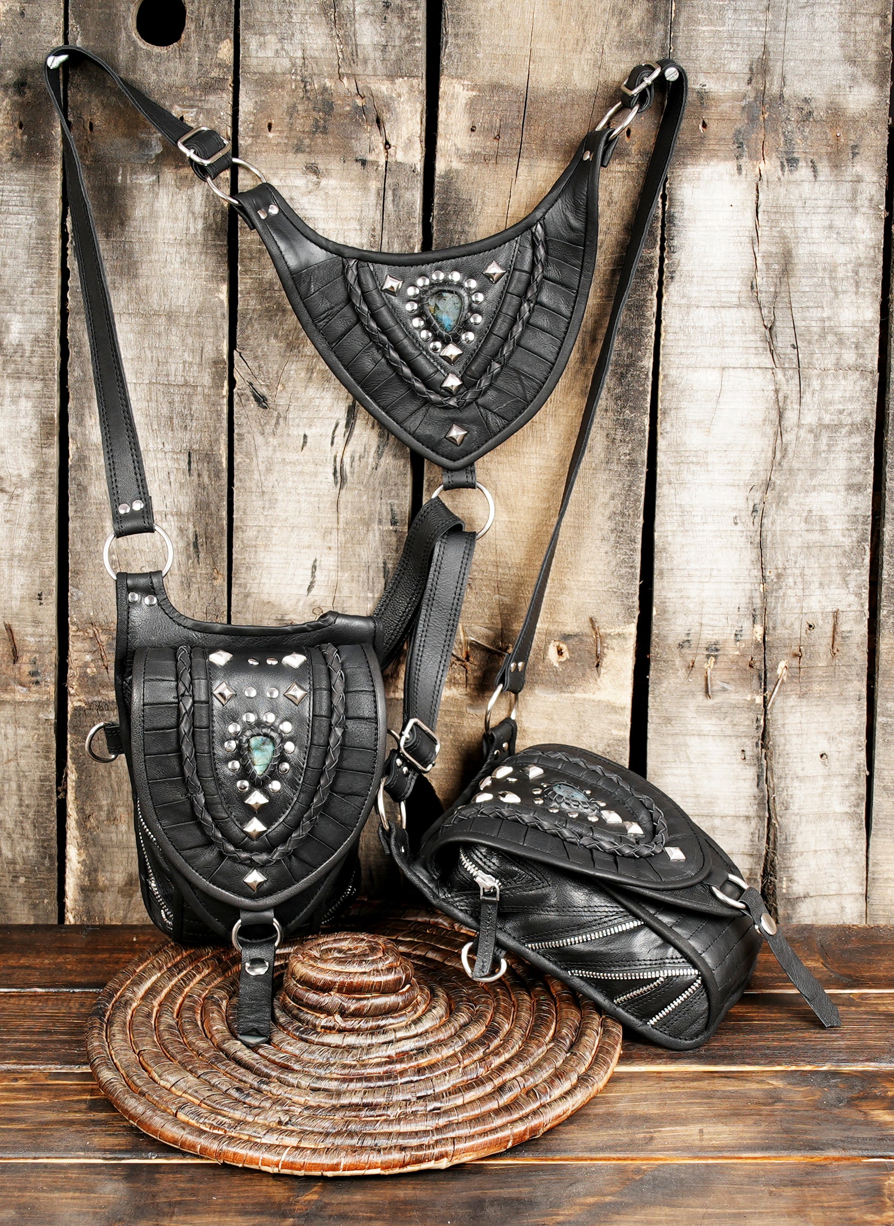 “Handmade Leather Holster Belt with Dual Utility Pouches ||Boho-Steampunk Leather Holster with Layered Stitching and Studs  (LT-NS-HLS-6004)