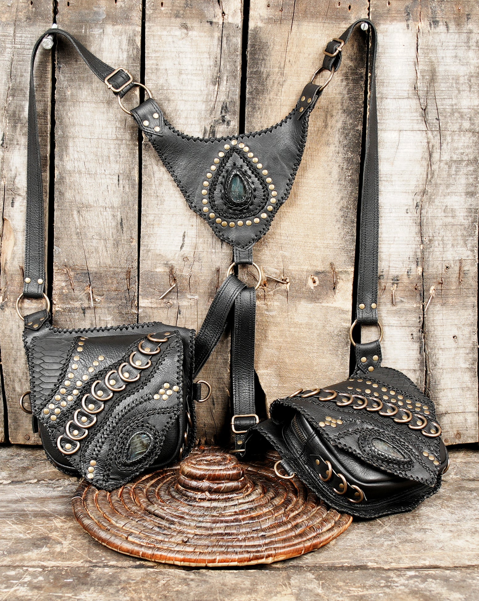Tribal leather chest bag with adjustable straps