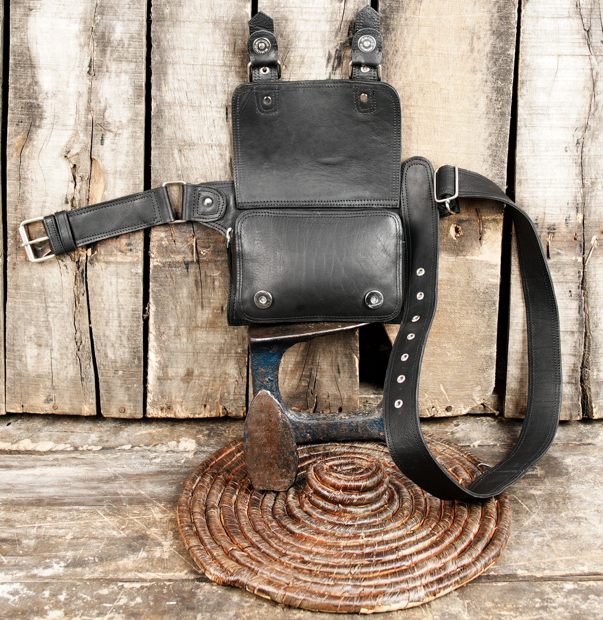 Handmade black leather belt with waist pouch