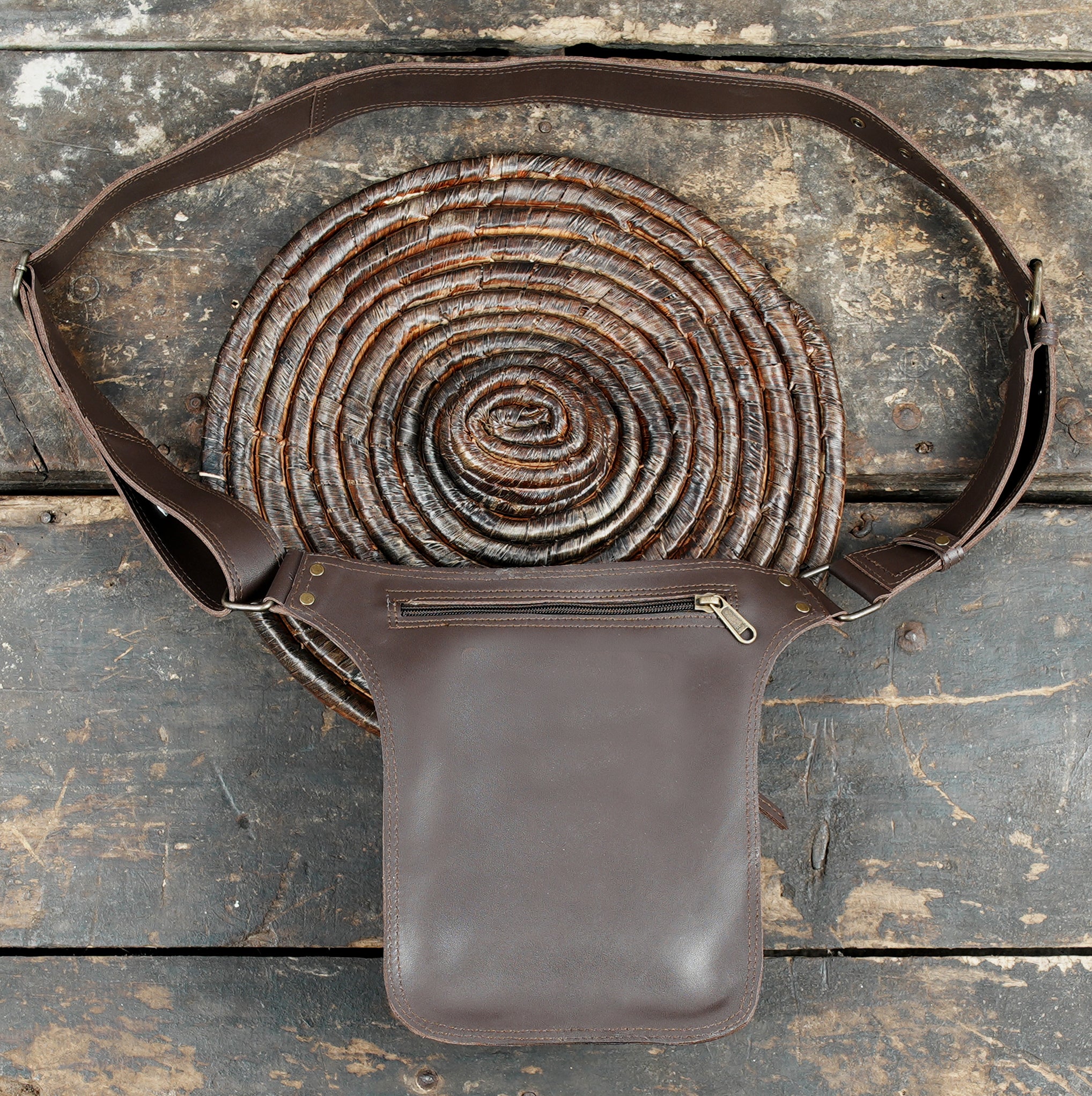 Brown leather crossbody waist belt with utility pocket