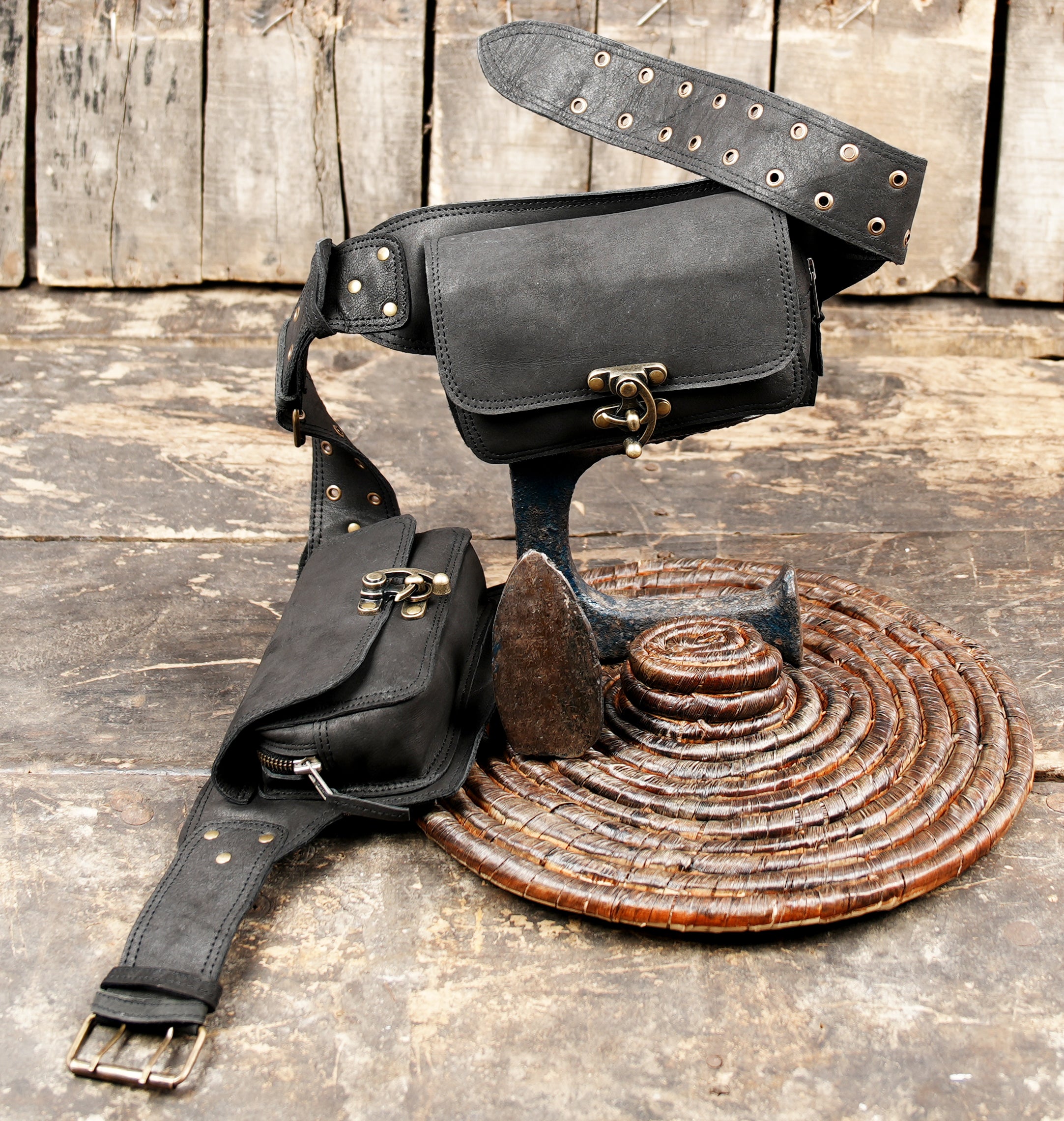 Black leather cosplay belt with double pocket design