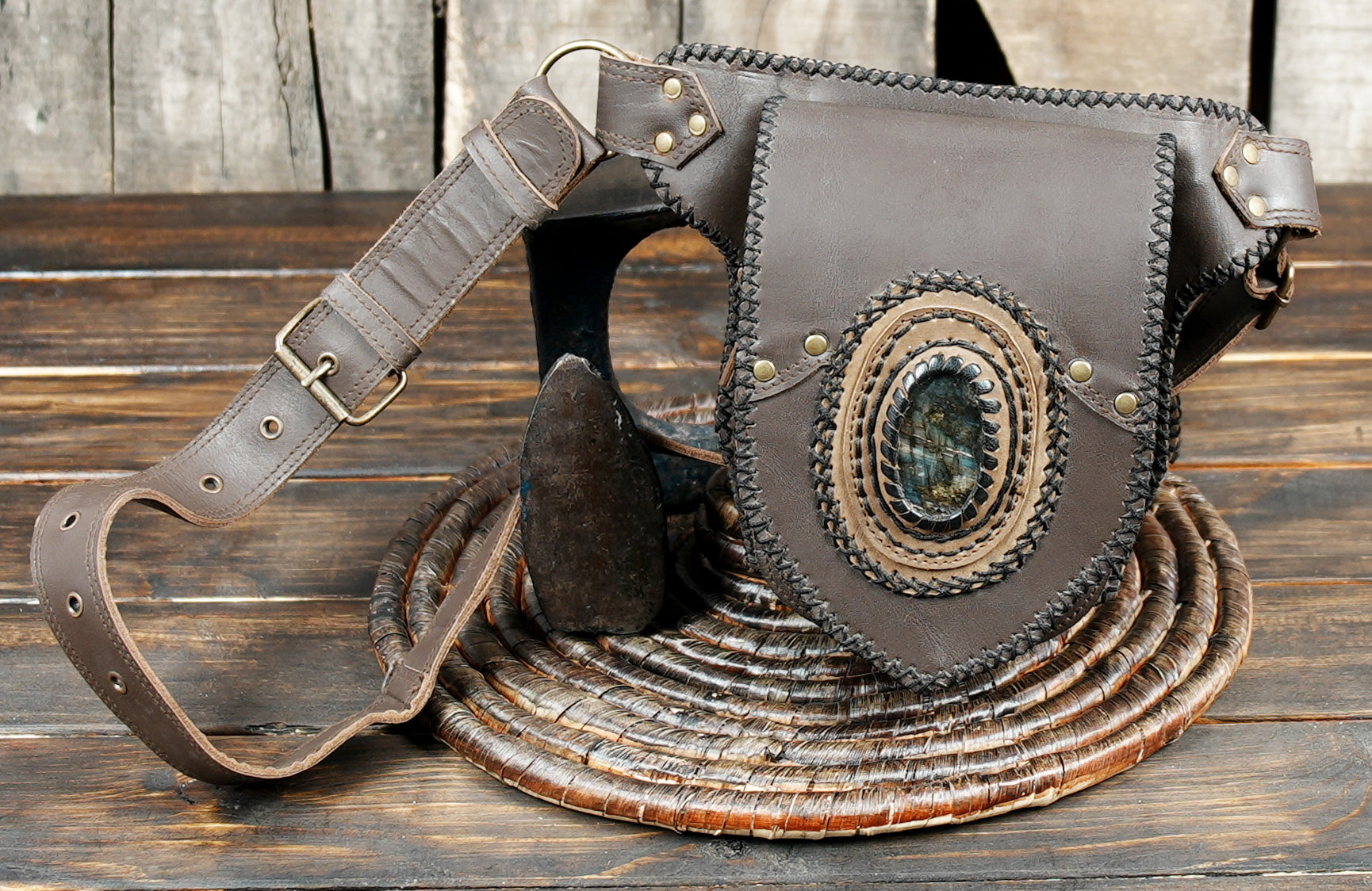 Bohemian leather waist belt with natural stone centerpiece