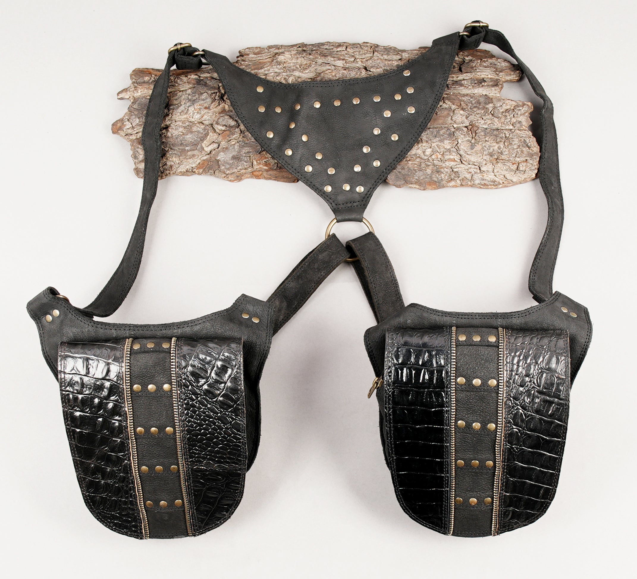 Tactical leather shoulder rig with decorative rivets