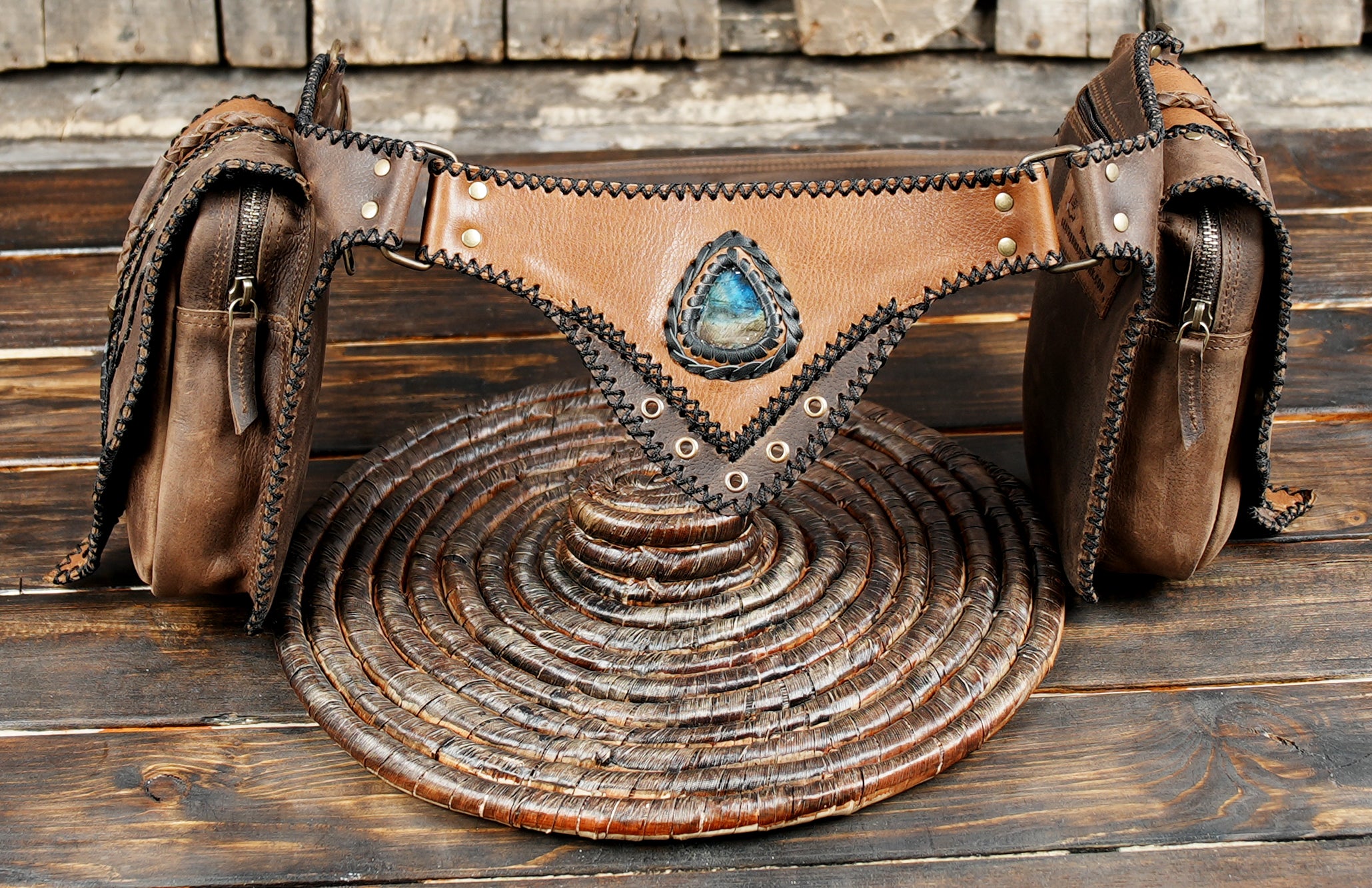 Handmade Leather Waist Belt with Utility Pouches || Boho Leather Waist Belt with Dual Pouches and Stone Detail (LT/AB/WB/6169)