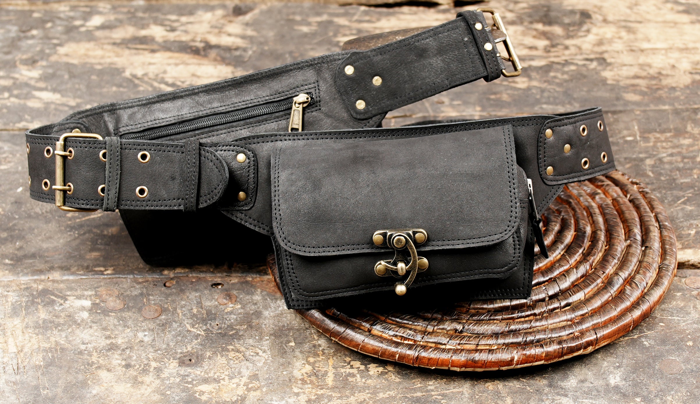 Rugged black leather waist pouch belt for everyday essentials