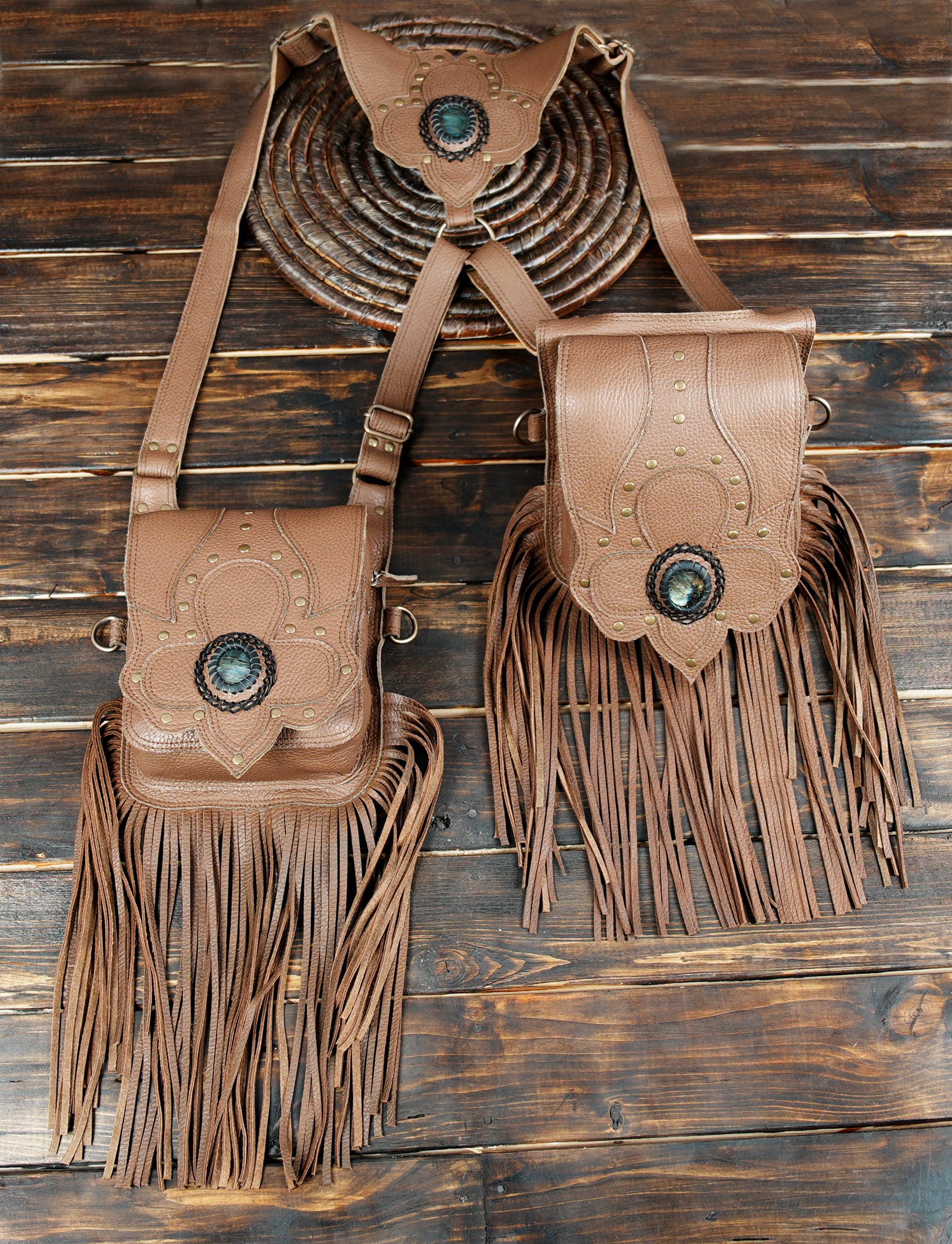 Brown bohemian leather utility holster with decorative stone center