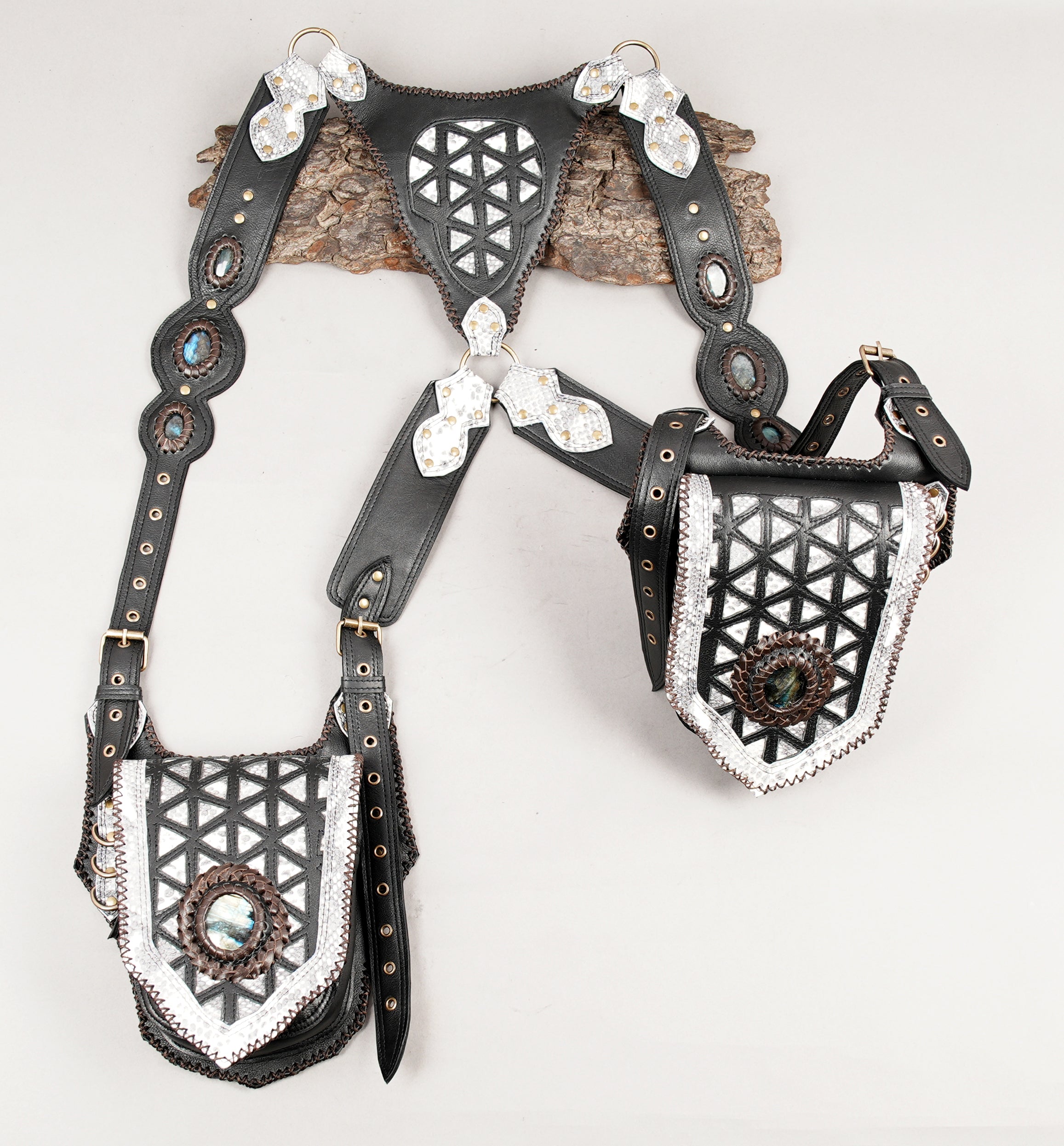 Luxury leather shoulder rig with silver overlay and tribal-style stones