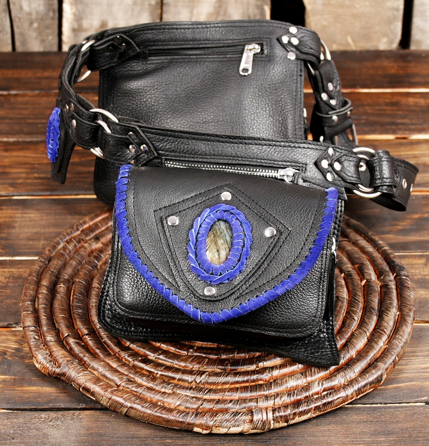 Black and blue boho belt bag for concerts and festivals