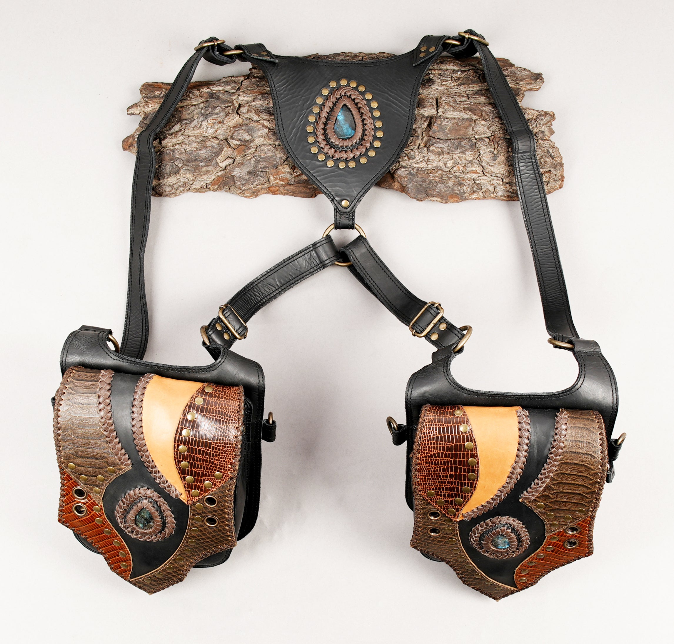 Handmade leather holster bag with studded detailing