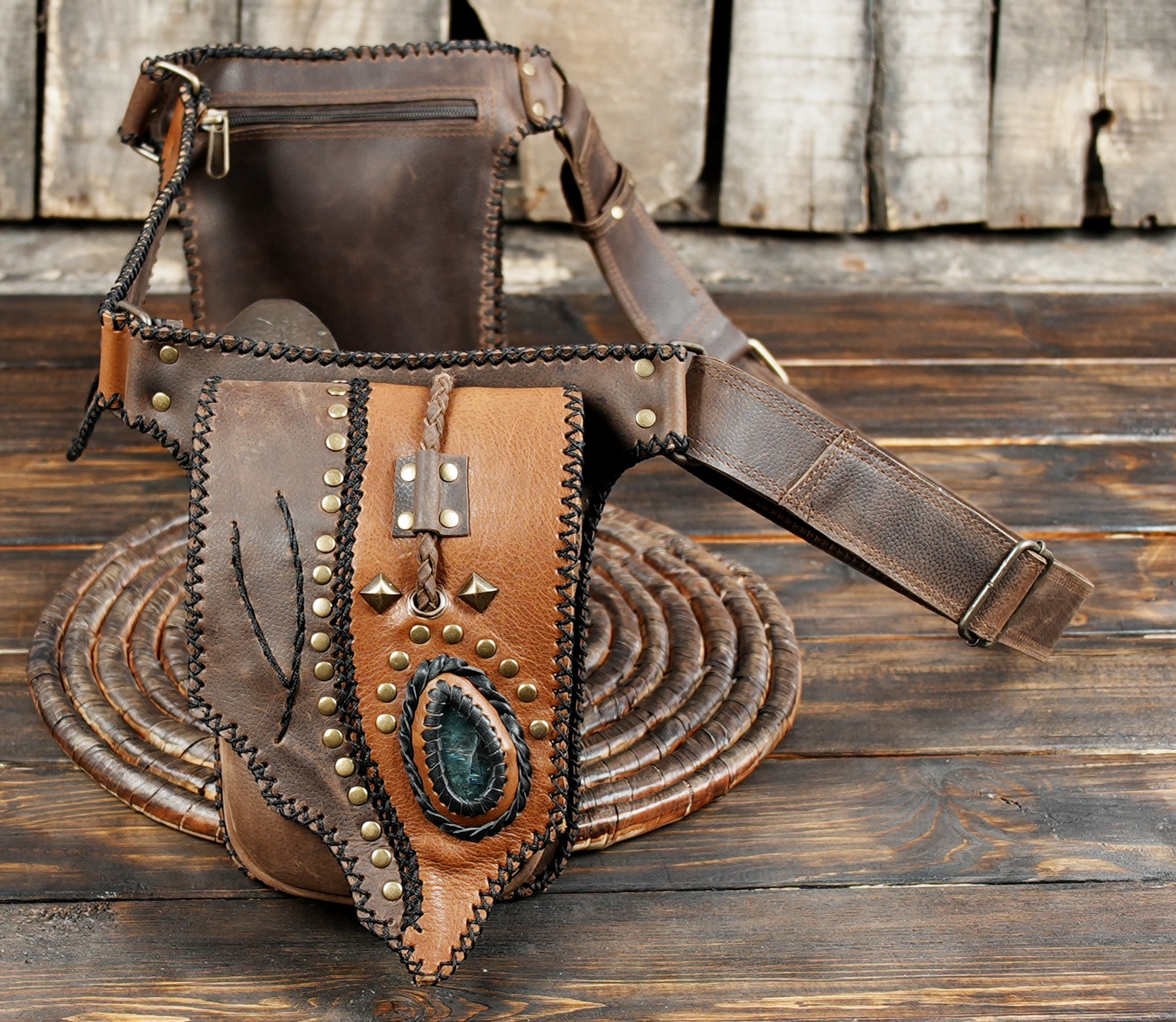 Handmade Leather Waist Belt with Utility Pouches || Boho Leather Waist Belt with Dual Pouches and Stone Detail (LT/AB/WB/6169)