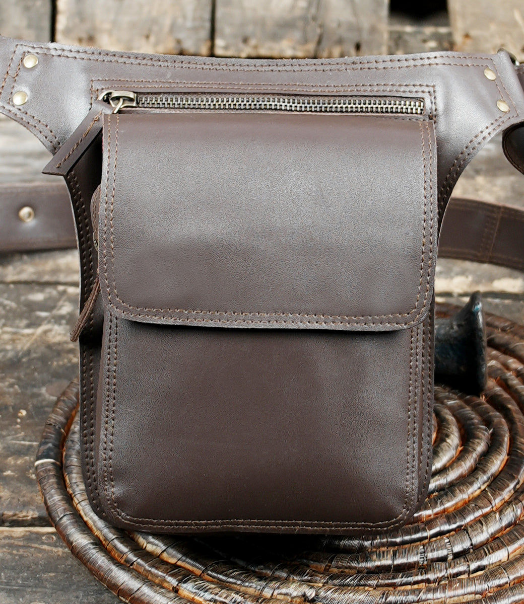 Brown Genuine Leather Waist Belt with Utility Pouch || Handmade Brown Leather Hip Bag with Secure Flap Pocket (LT-AB-WB-6022)