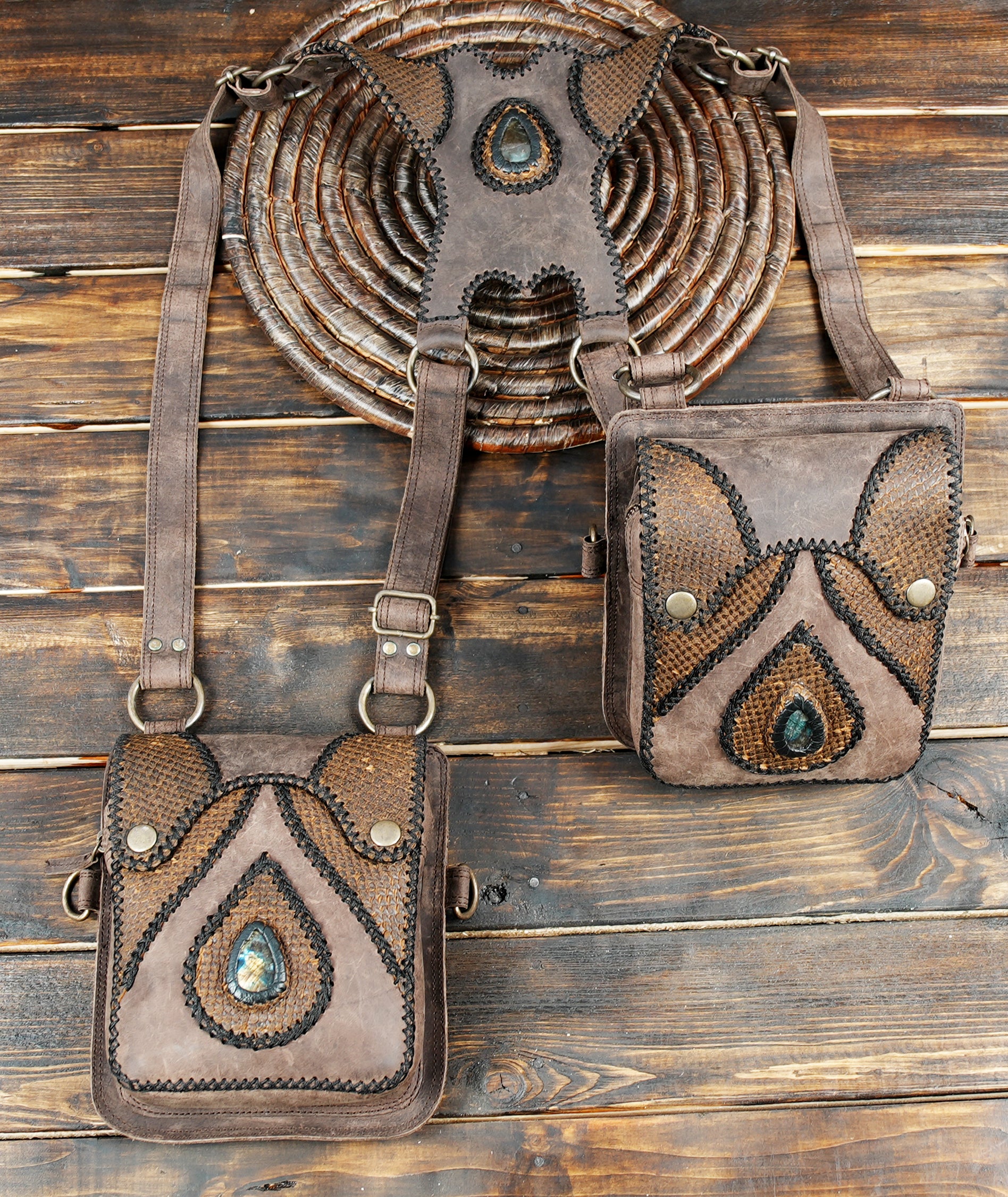 Leather Holster Bag, festival shoulder holster, pocket bags, circus costume, steampunk accessories, utility bag with gemstone 
