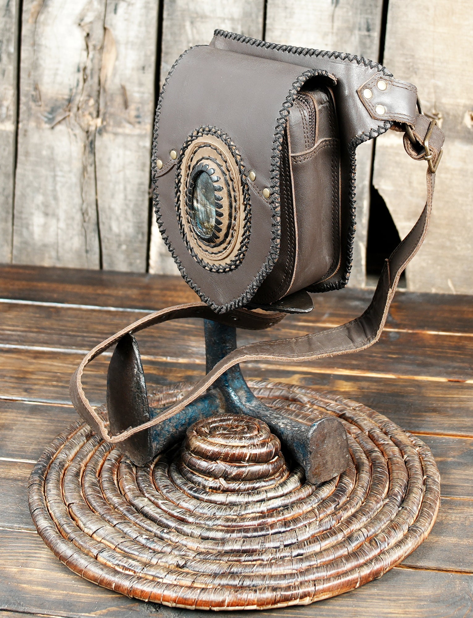 Tribal style leather waist belt with hand stitched edges