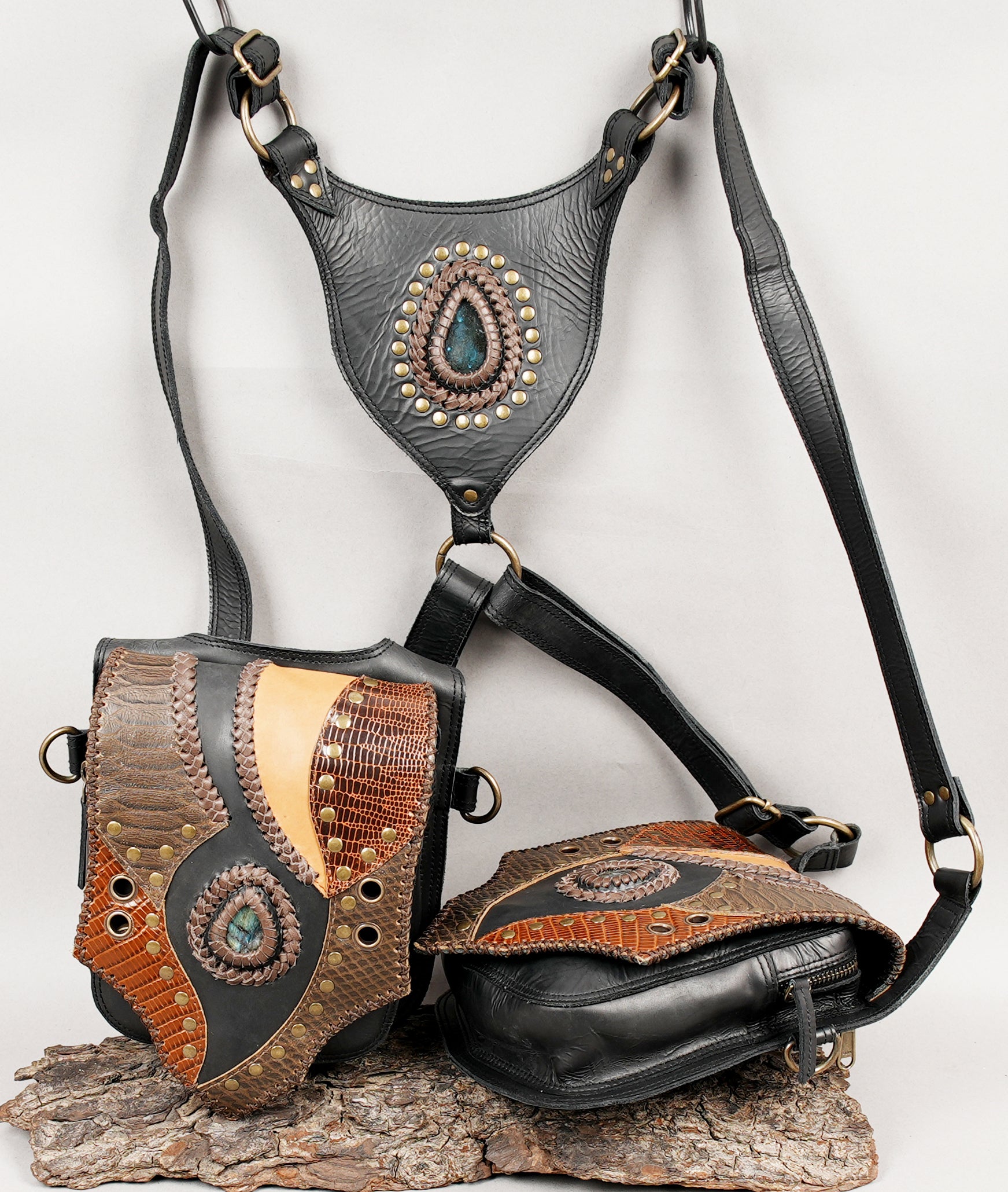 Black leather shoulder holster with brown embossed overlays
