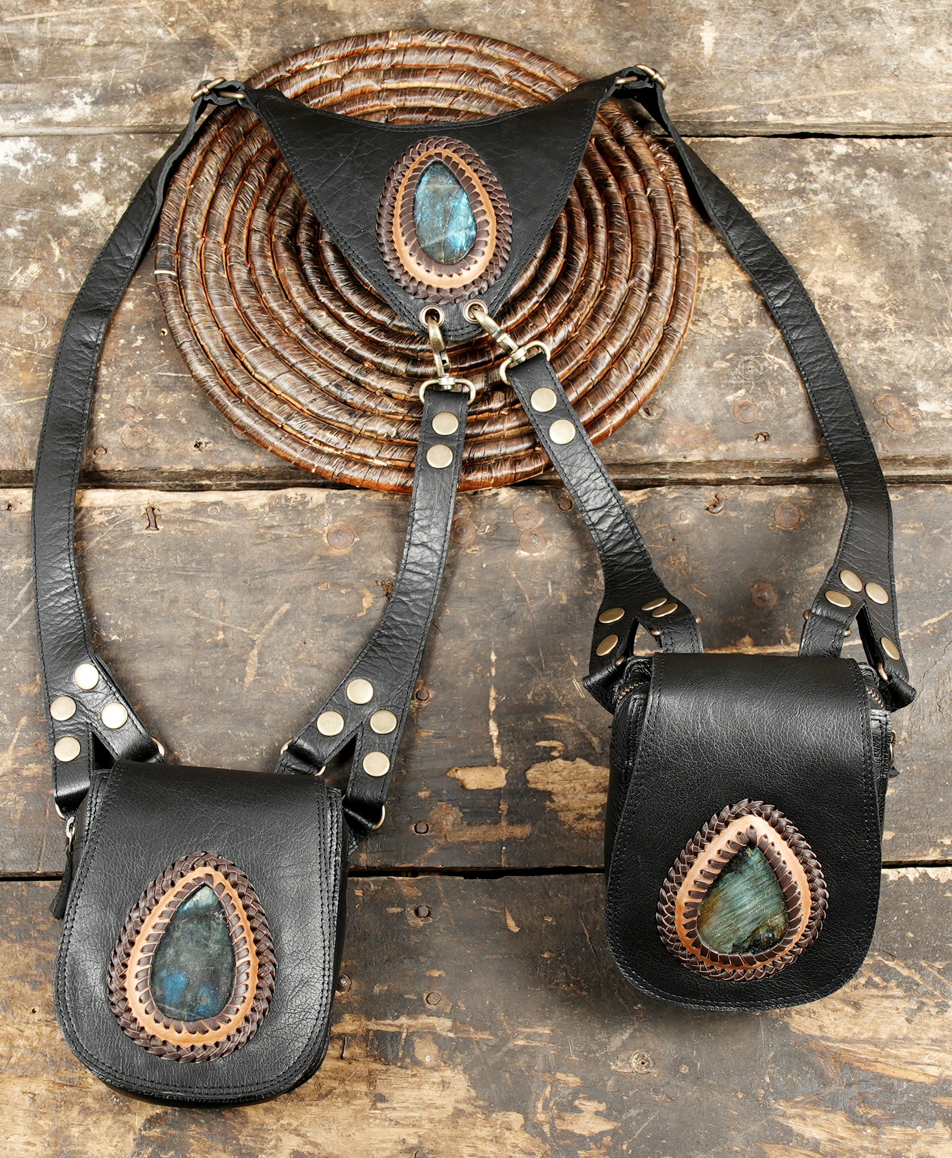 Black leather holster waistcoat, shoulder bag, holster, double utility bag, unisex, adjustable, festival holster bag with gemstone