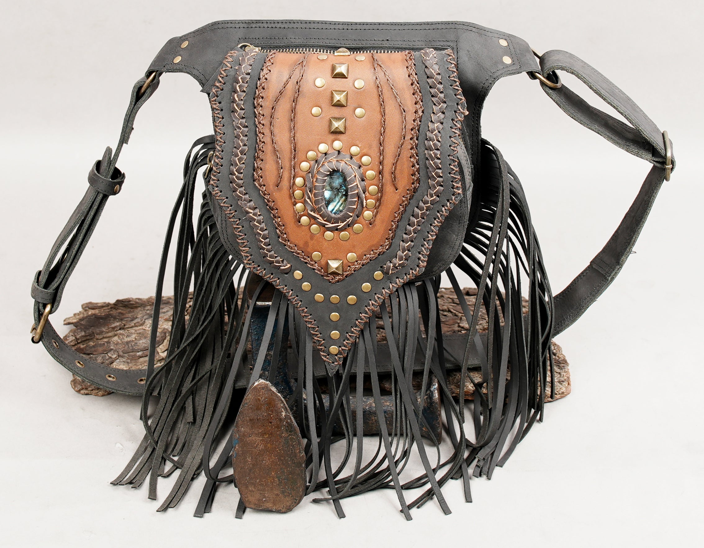 Handmade Leather Fringe Waist Belt with Gemstone Centerpiece || Boho Leather Hip Bag with Gemstone and Long Fringe (LT/AB/WB/6006)