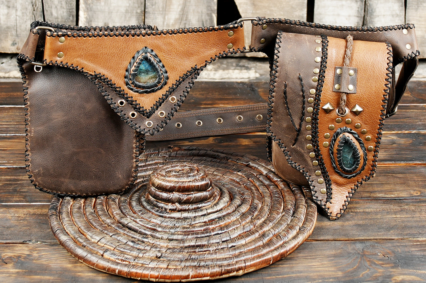 Handmade Leather Waist Belt with Utility Pouches || Boho Leather Waist Belt with Dual Pouches and Stone Detail (LT/AB/WB/6169)