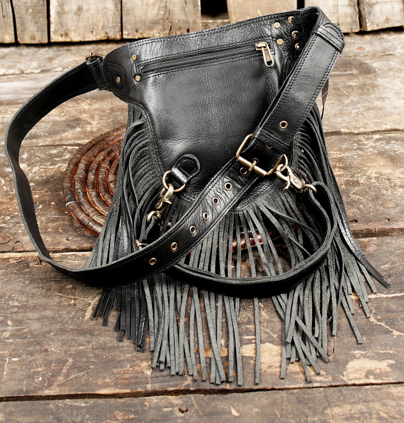 Leather Fringed Side Pocket Belt | Burning Man Festival Belt | Tasselled Bum bag| Boho Travel Belt  WITH METAL HOOK