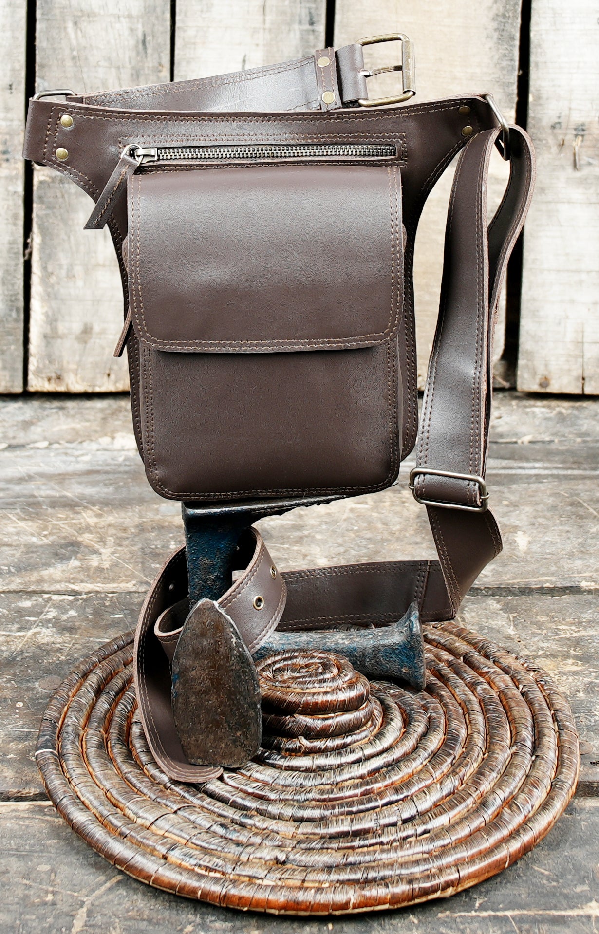 Classic brown leather hip pouch belt for outdoor activities