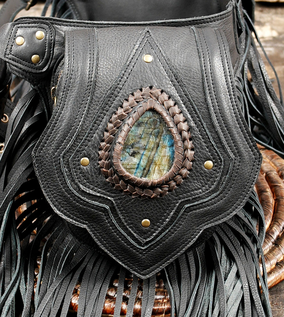 unisex western belt bag with real labradorite stone