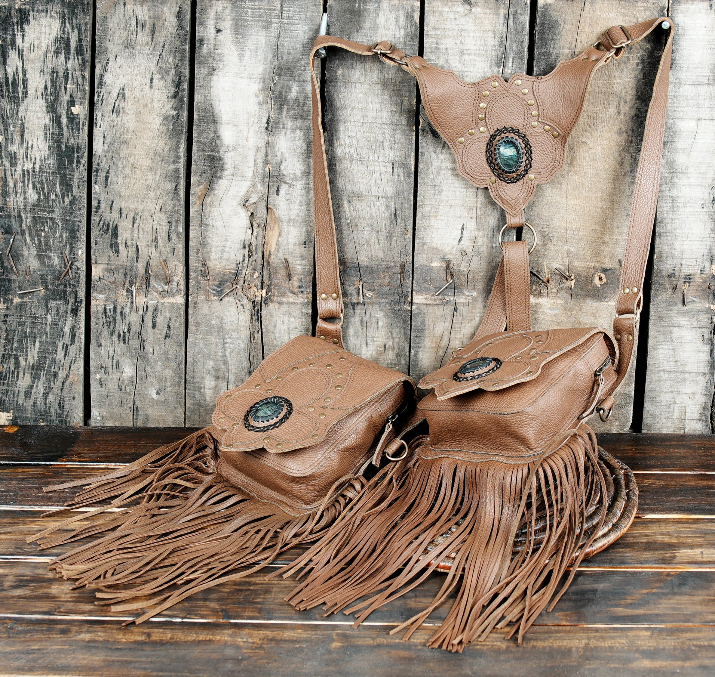Handmade festival holster bag with double pockets and fringe