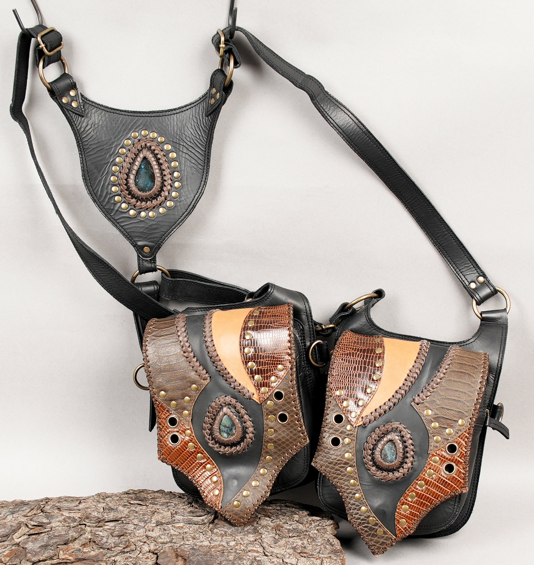 Designer leather holster with handcrafted stone embellishment