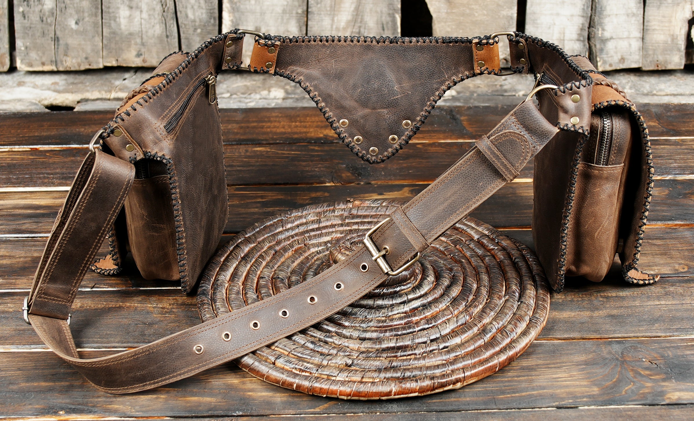 Handmade Leather Waist Belt with Utility Pouches || Boho Leather Waist Belt with Dual Pouches and Stone Detail (LT/AB/WB/6169)