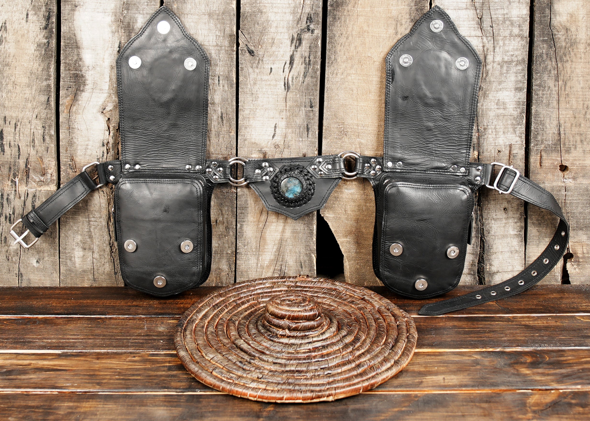 Leather waist belt bag with gemstone embellished pouches