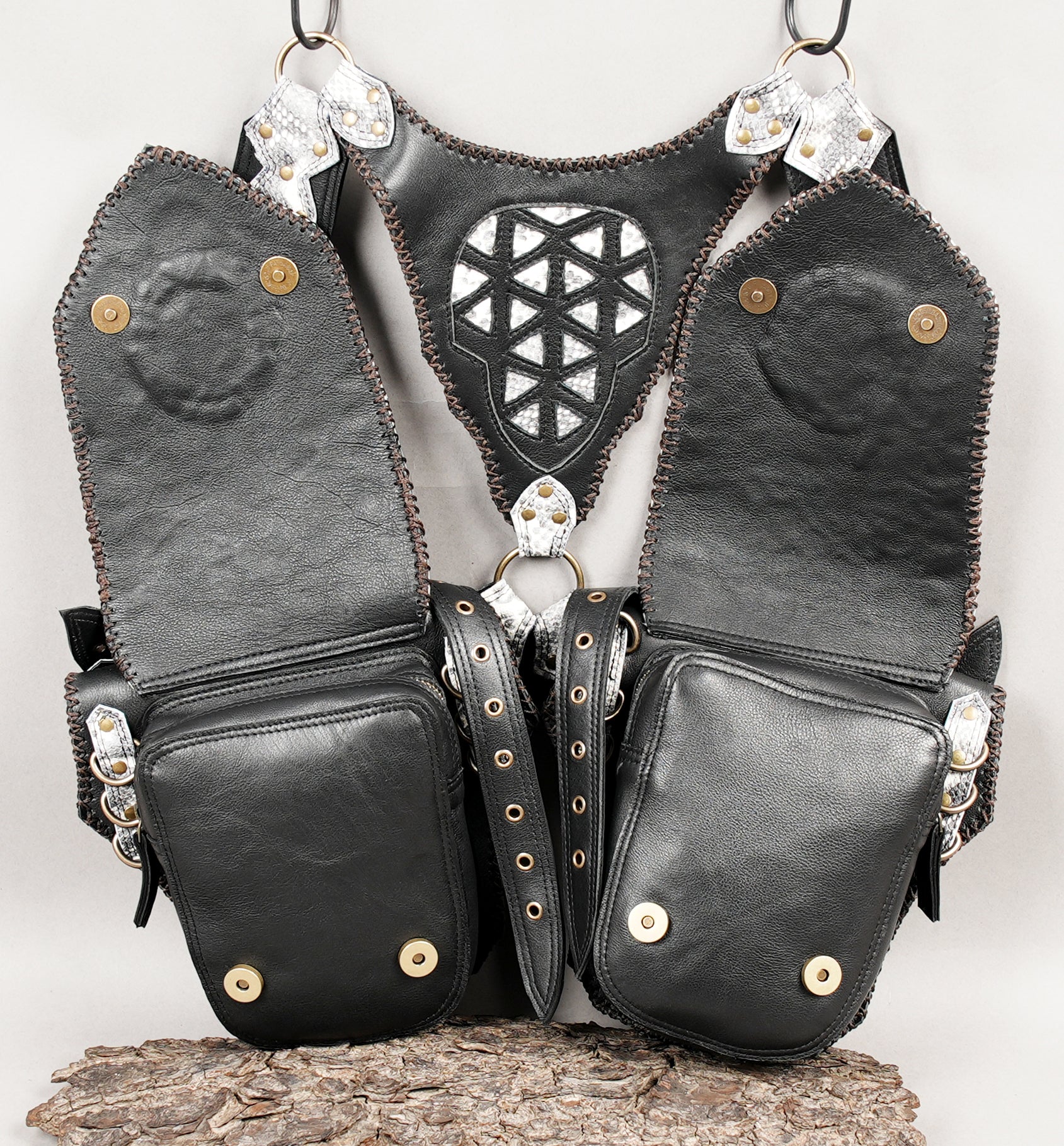 Handmade leather holster bag with textured geometric design