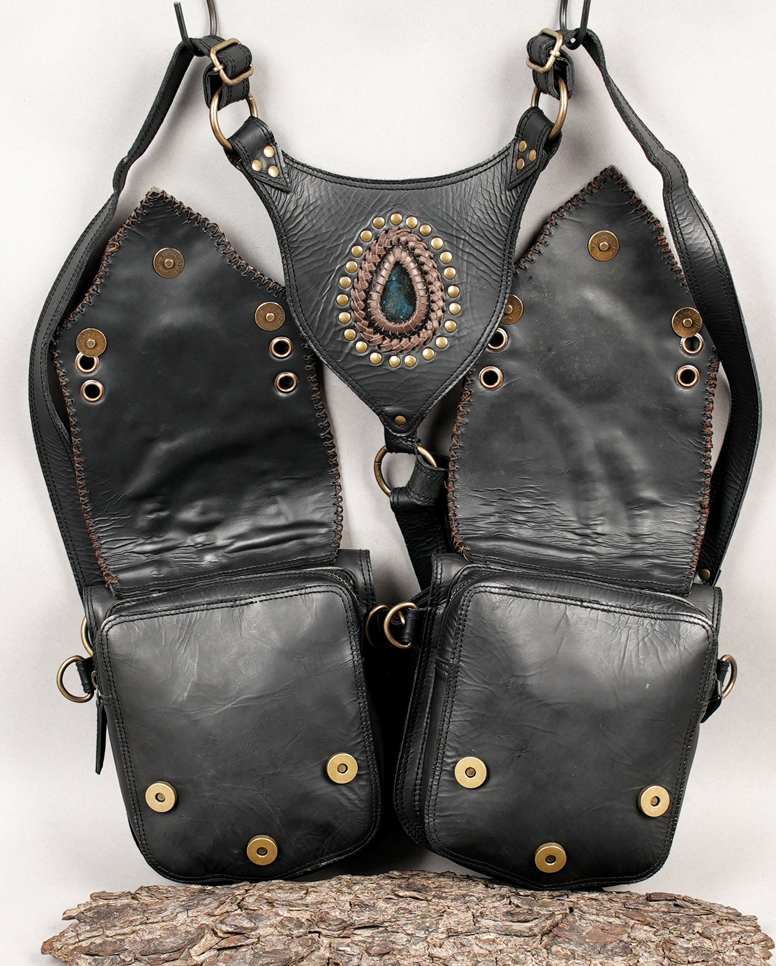 Festival leather holster with dual zippered pouches