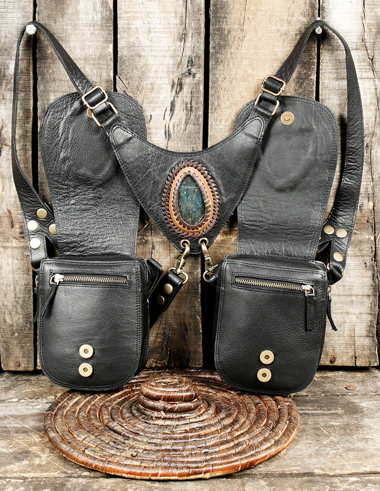 Rustic Leather Holster Bag, Travel Rustic Outdoor Holster, Double Phone Storage Bag, Genuine Leather Harness Bag with zipper pouch 