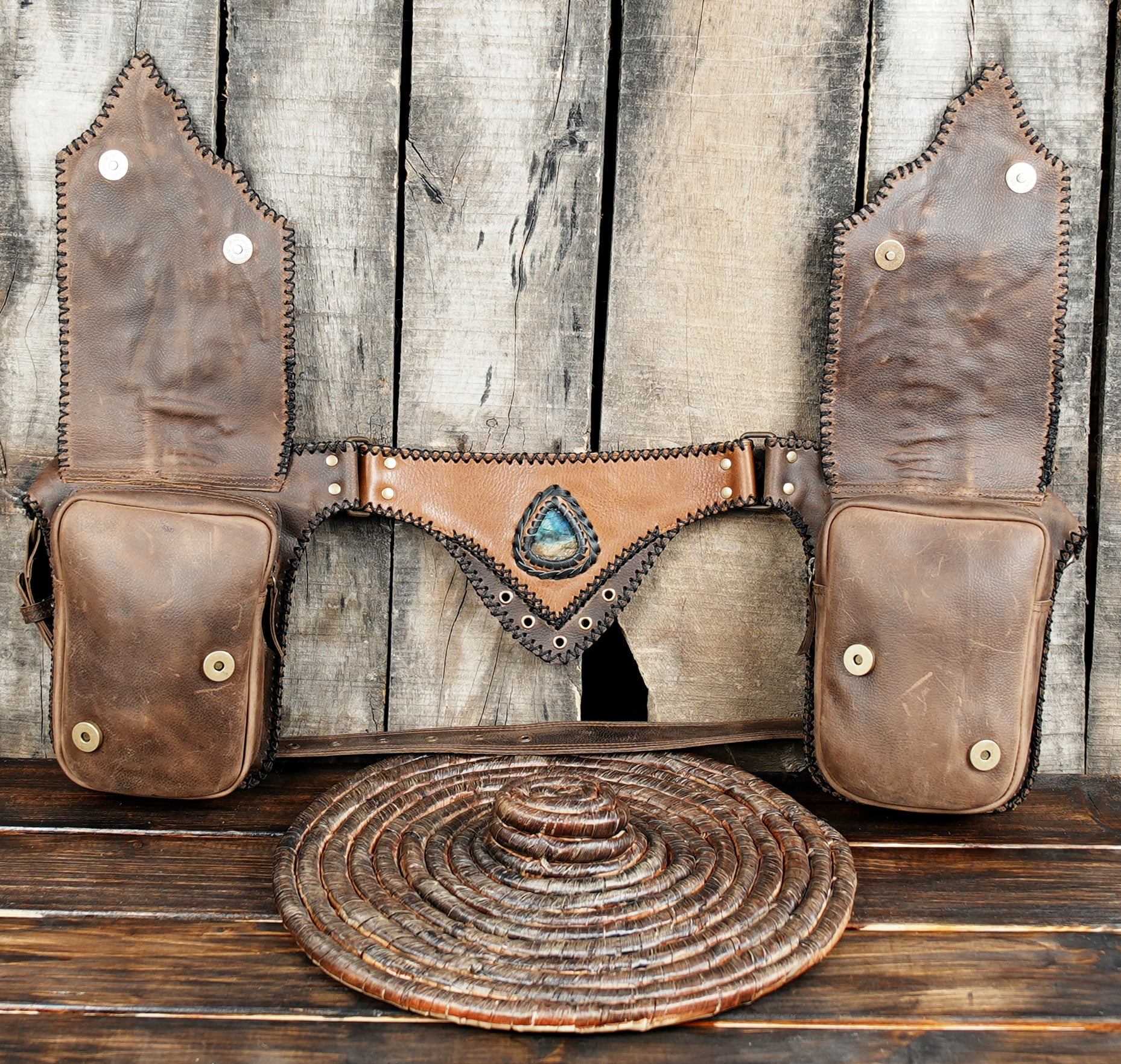 Handmade Leather Waist Belt with Utility Pouches || Boho Leather Waist Belt with Dual Pouches and Stone Detail (LT/AB/WB/6169)