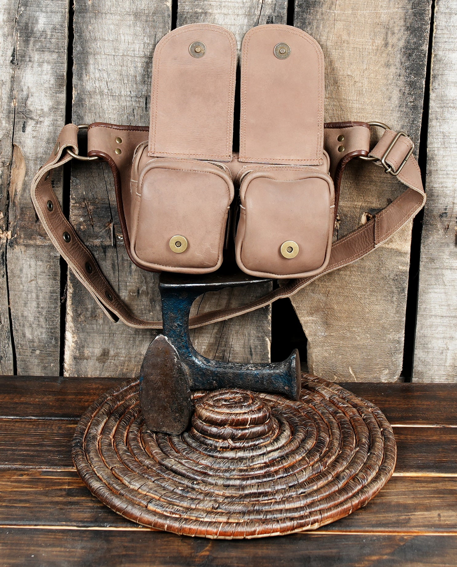 Travel ready leather waist belt with double pouch storage