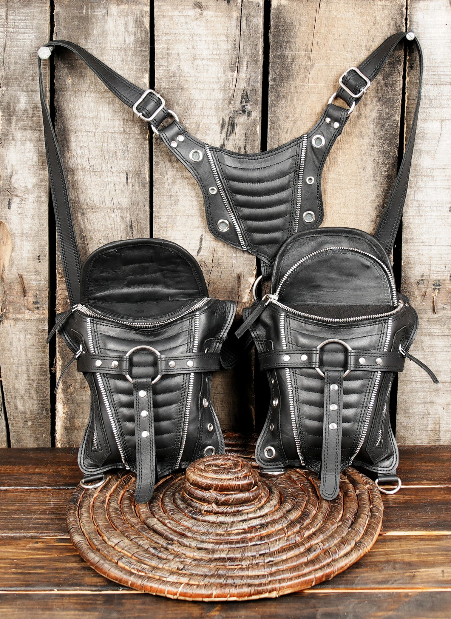 Back view of handmade adjustable leather harness bag