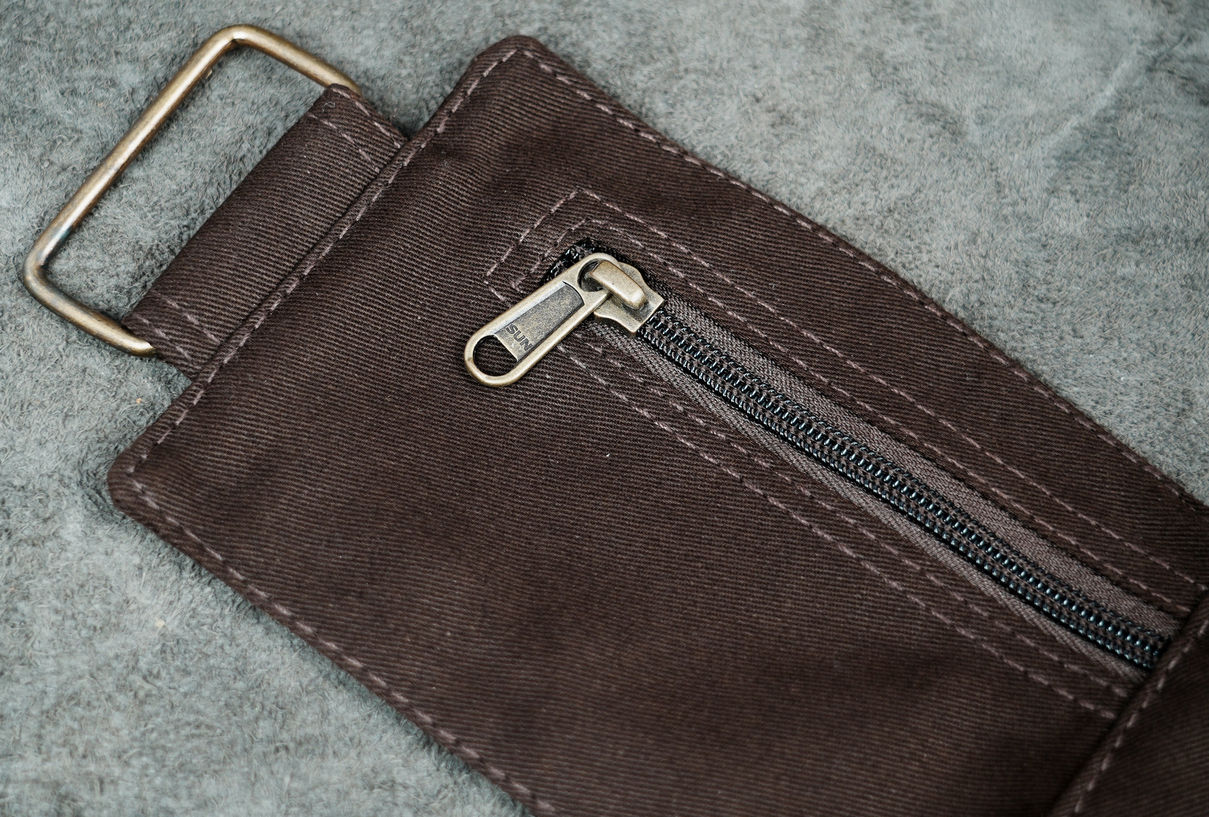 Festival utility belt bag in brown cotton with multiple zipper pockets