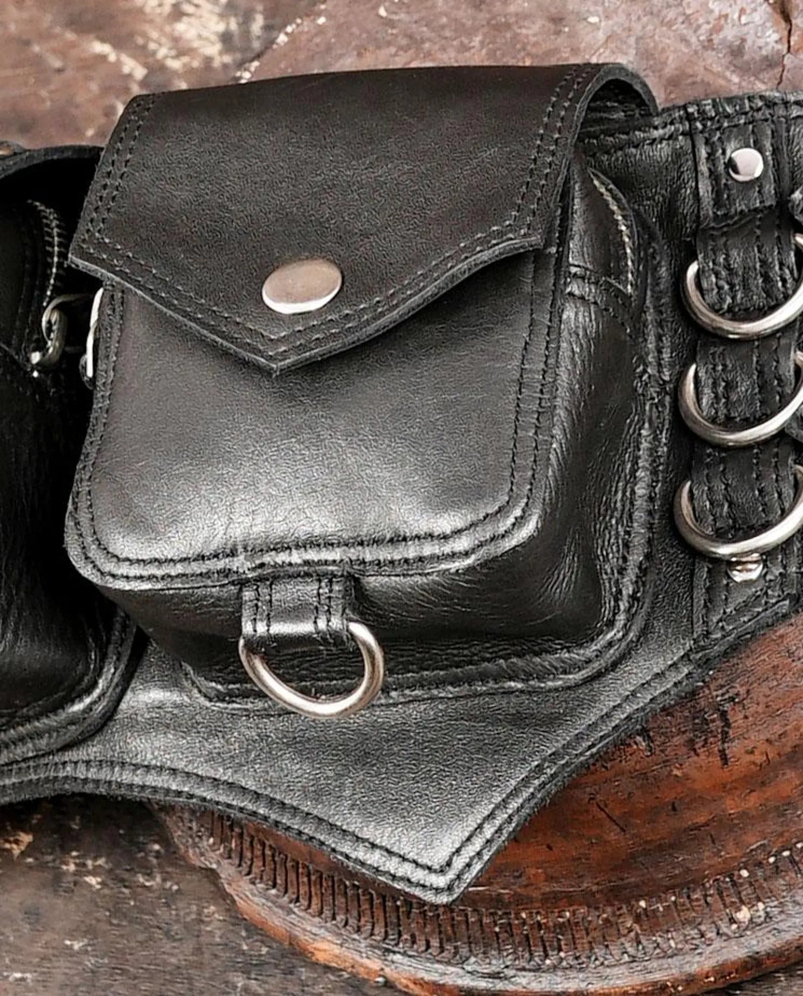 Steampunk style leather waist belt with silver hardware accents