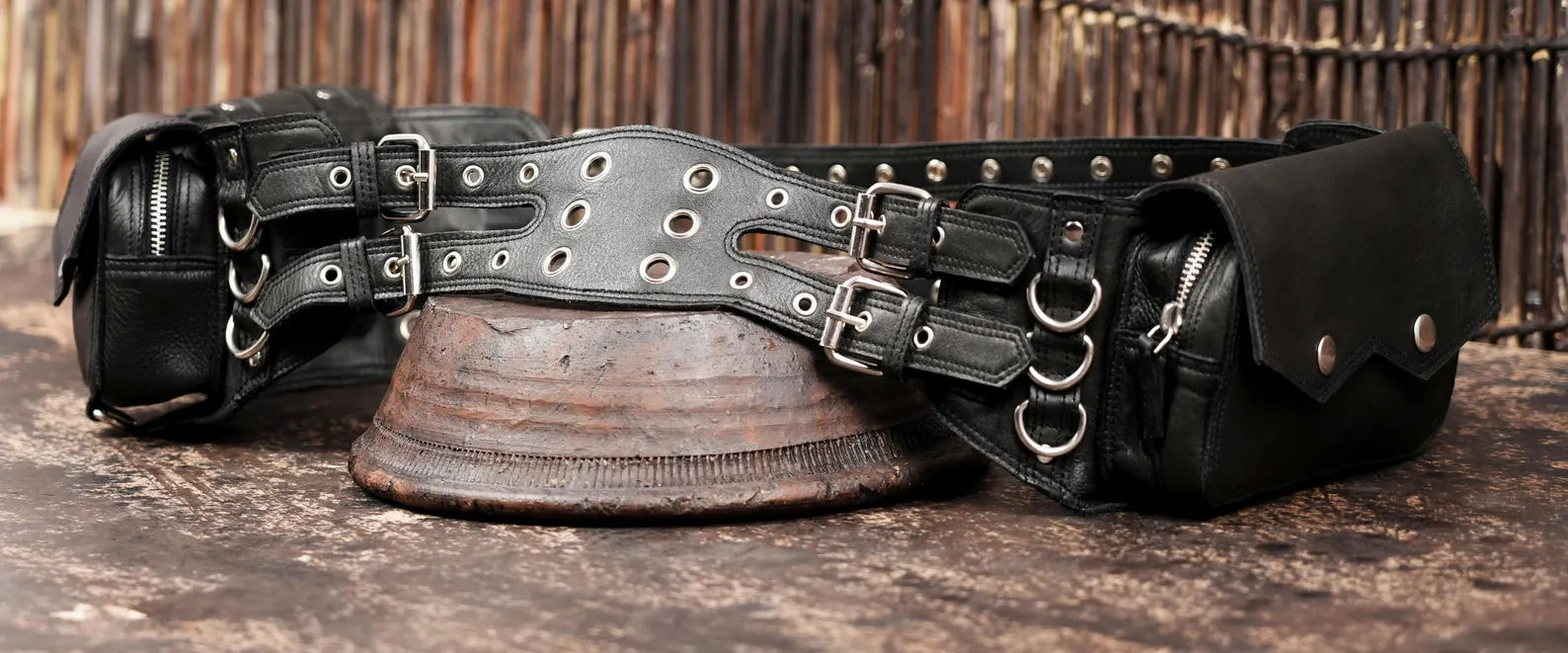 Black leather festival belt with functional storage compartments