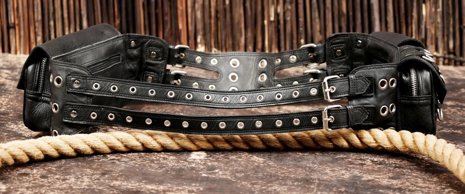 Black leather utility belt with secure buckle closure design